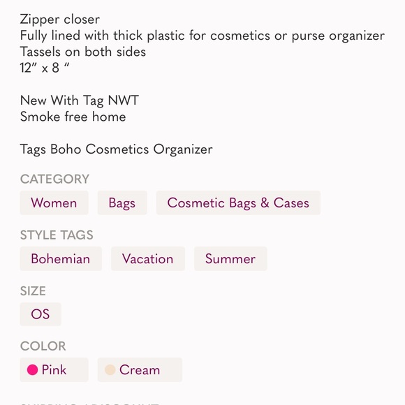 Shiraleah 12” x 8 “ Cosmetic NWT Boho Zip Bag Cream & Pink Lined Thick Plastic - Picture 8 of 8